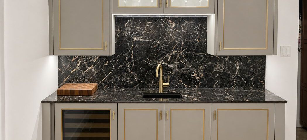 Gray kitchen with gold-trimmed cabinets, black marble backsplash and solid-surface countertop, gold faucet over a sink.